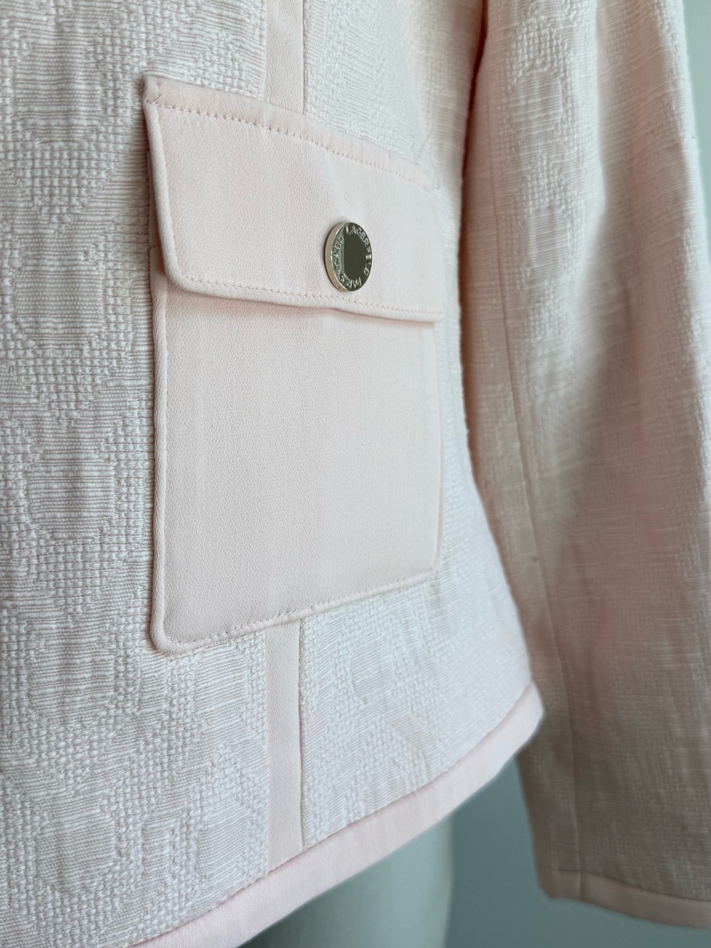 Karl Lagerfeld Paris collarless tweed jacket in Pink Blush - Picture 9 of 12